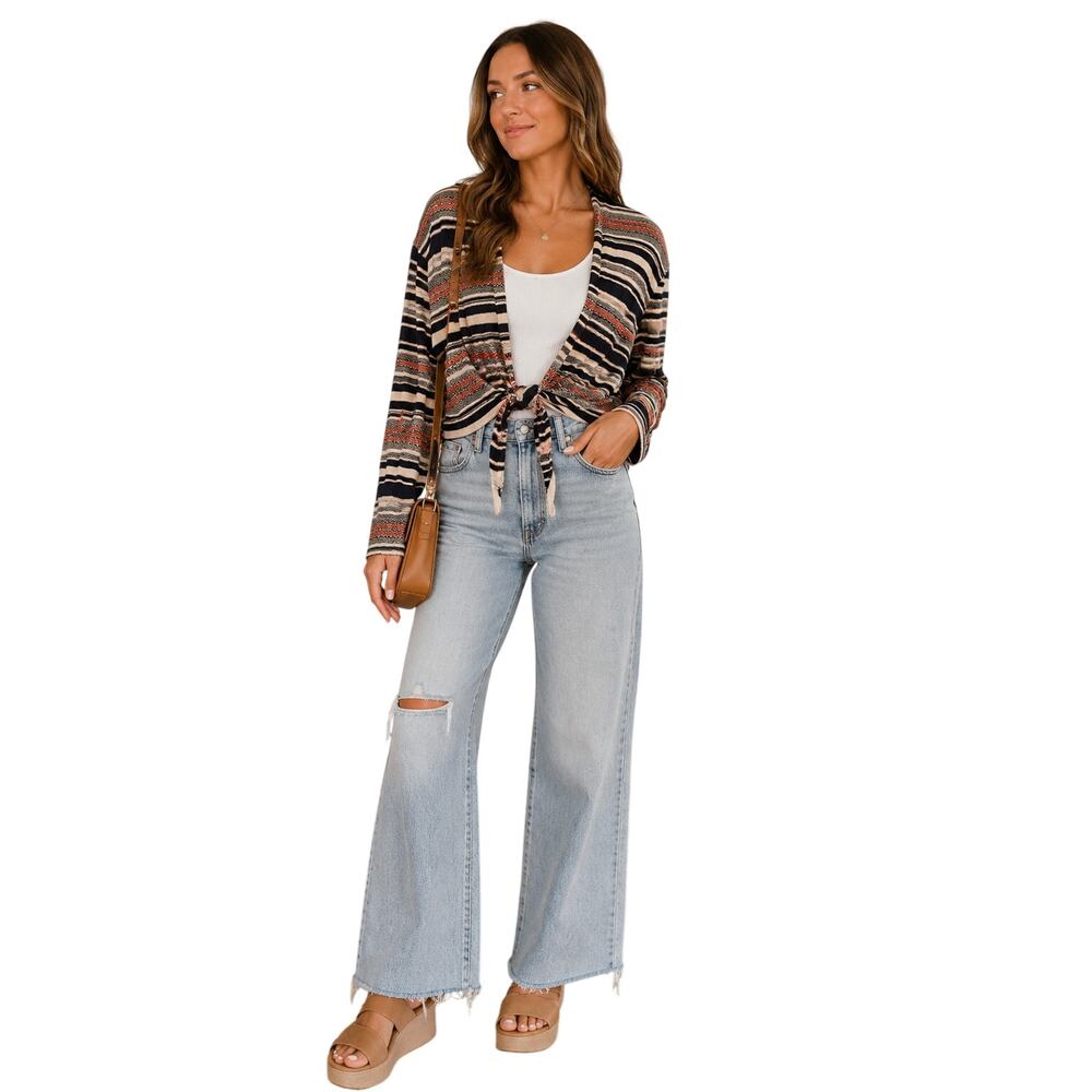 Chaps Denim Tie Front Open Cardigan Sweater Striped Women's Large NWT